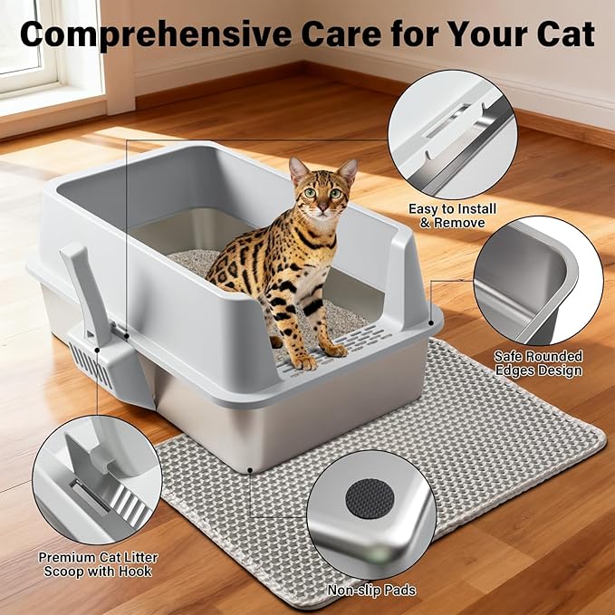 2PACK Stainless Steel Litter Box, Large Metal Cat Litter Box with High Sides Lid, Anti-Urine Leakage, Non-Sticky, Scoop and Mat Included