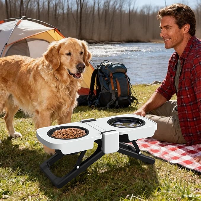 Elevated Dog Bowls Stand, Portable Travel Dog Bowls with Collapsible Silicone Double Diner Bowl, 5 Cups Capacity Food and Water Bowl with No Spill Edge Non-Slip Stand,Ideal for Medium & Large Dogs