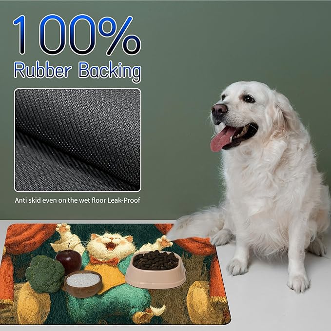 Dog Food Mat, 15.7" x 23.6" Absorbent Pet Feeding Mat for Food and Water, Waterproof Diatom Mud Pet Placemat with Non-Slip Rubber Backing, Easy Clean Cat Bowl Mat for Floors - Cat Blue Clothes