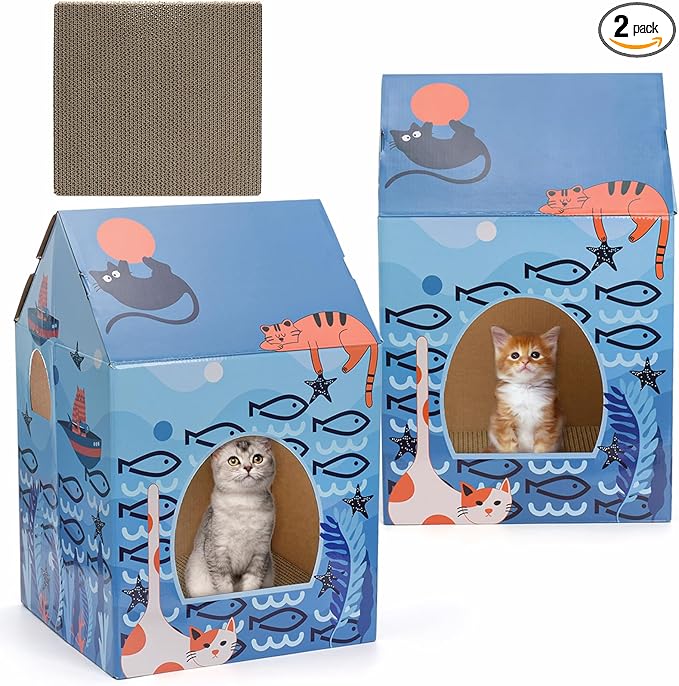 Lawei 2 Pack Cardboard Cat Houses with Scratch Pads, Sturdy Cats Play Scratching House for Indoor Hideaway Furniture, Cute Scratching Box Toy for Cat Birthday, Bunny Small Pet Bed, Easy Assembly
