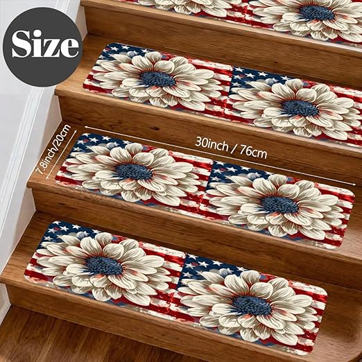American Flag Flower Stair Treads for Wooden Steps Indoor Washable Staircase Carpet 1PCS 30"x7.8" Stair Step Treads Non-Slip Staircase Covers Peel and Stick Safety Mat for Kids Elders Pets