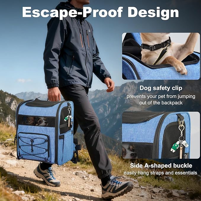 Dog Carrier Backpack for Small Dogs - Breathable Mesh Hiking Bag with Safety Buckle, Adjustable Straps and Standard Pad - Durable for Hiking (Fits Small Cats Too, Up to 17lbs, Blue)