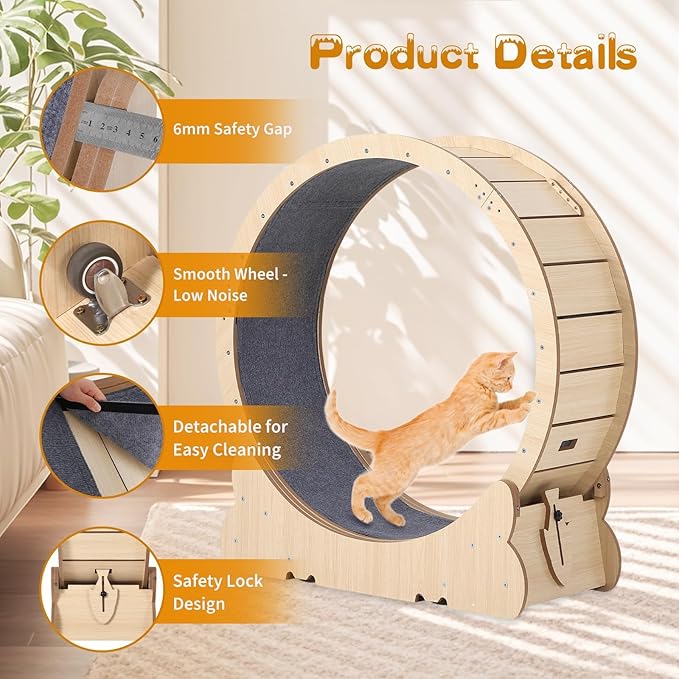GarveeHome 43.3" Large Cat Exercise Wheel & Treadmill for Indoor Cats, Secure Locking Mechanism, Detachable Carpet Pad, Quiet Running Wheel for Walking & Training, Suitable for Most Cat Breeds