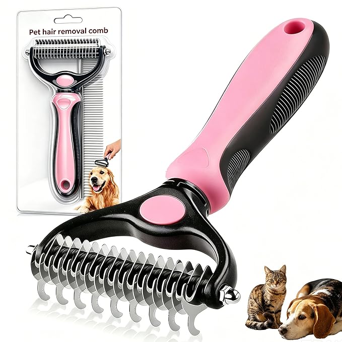 Pet Grooming Tool for Dogs & Cats, Includes Dual-Sided Dematting Comb & Stainless Steel Comb, Deshedding Brush for Long Hair, Thick & Double Coats, Pet Shedding & Loose Hair Removal Tool (Pink)