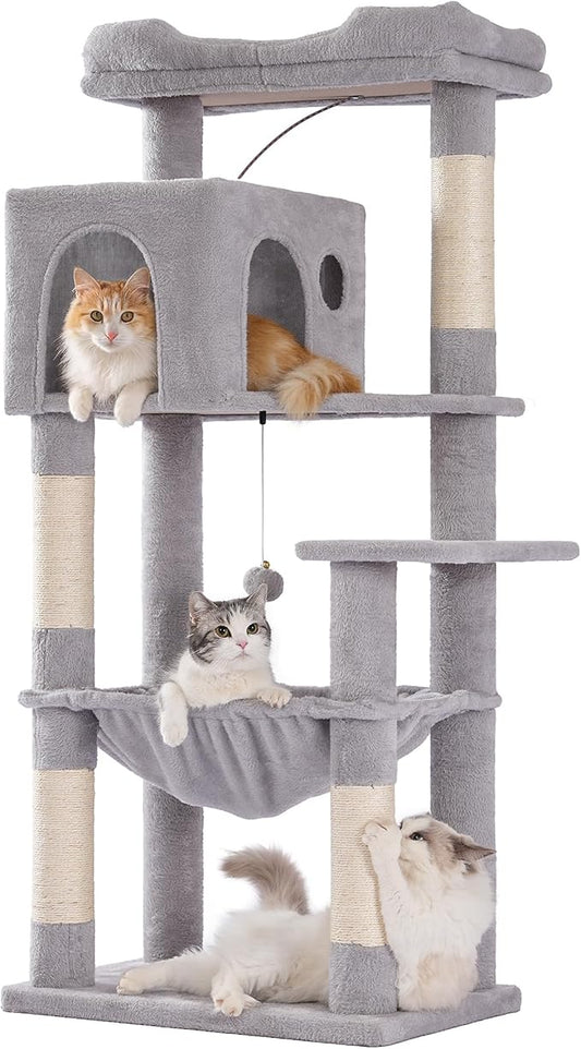 54" Cat Tree with Big Hammock 21x17” XL Cat Tower with Scratching Posts Featuring Large Top Bed, Scratcher Pad, Spacious Condo House and Detectable Ball for Indoor Cats-Large Gray