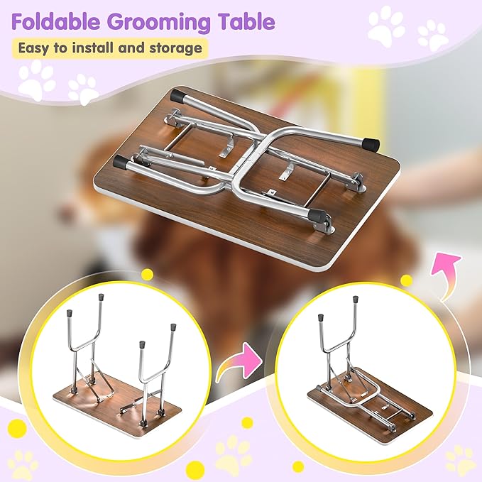 Dog Grooming Table, Adjustable Large Pet Drying Desktop, Foldable Bathing Desk with Arms, Noose, Mesh Tray, Maximum Capacity Up to 330Lb, 42in, Purple