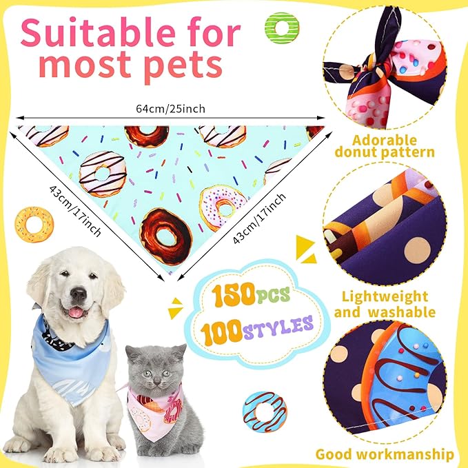 Huhumy 150 Pcs Donut Dog Bandanas Bulk Pet Bibs Colorful Triangle Scarf Donut Pet Bandanas for Medium Large Dogs Spring Summer Candy Theme Birthday Costume Decor