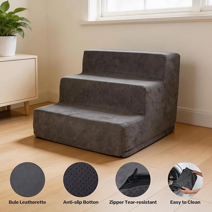 Pawise 3 Step Dog Stairs for Small Dogs Cats, Blue Suede Pet Steps, Non-Slip Pet Stairs for Couch Sofa Bed, Indoor Portable Dog Ramp with Zipper Bottom for Medium Large Dogs and Puppy