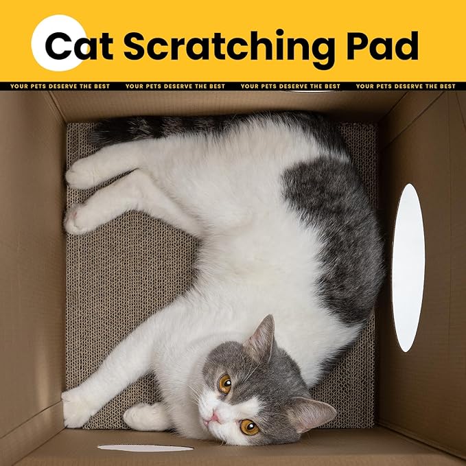 Conlun Cardboard Cat House with Scratch Pad & Catnip, Cat Play Scratching House for Indoor Hideaway Furniture, Heavy Duty Sturdy Cardboard Scratcher, Easy to Assemble Birthday Gift, Medium