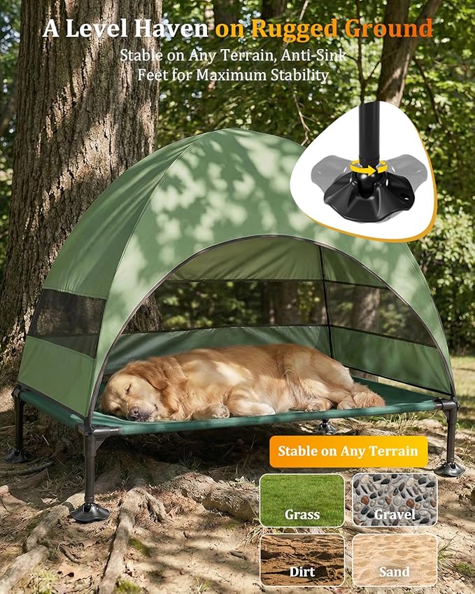 Elevated Outdoor Dog Bed with Canopy, Raised Dog Cot with Stable Adjustable Feet, Dog Camping Bed with Larger Shade, Lifted Dog Tent Bed with Canopy for Outside (Green, Large)
