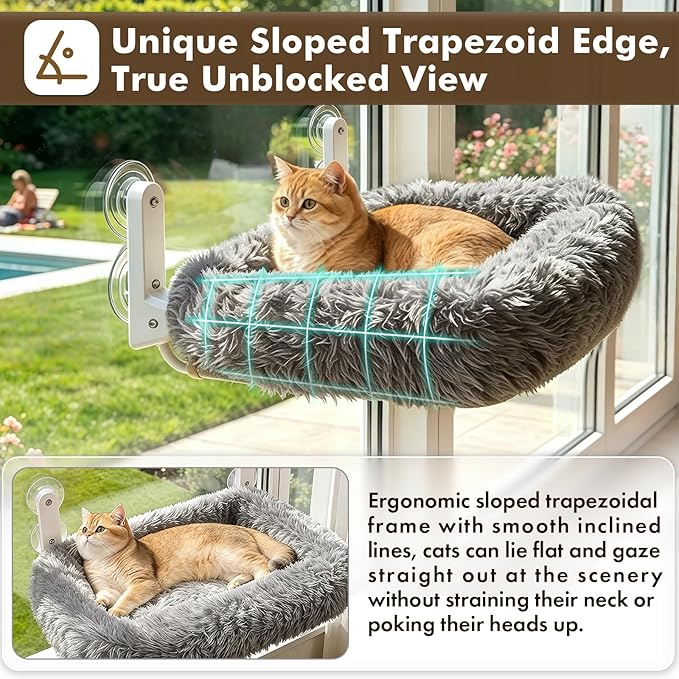 Zoratoo Cloud-Snuggle Cat Window Perch with 4-Sided Ultra-Thick & Fluffy Plush Cushion Bed, Foldable Cordless Cat Window Hammock for Window with Sturdy Metal Frame for Large Cats and Kittens (L, Gray)