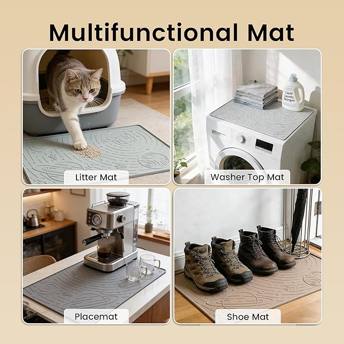 OHMO Dog Food Mat, Silicone Waterproof Cat Food Mat, Non-Skid Spill Proof Pet Feeding Mat for Food and Water, Easy to Clean Dog Placemat(Grey, 18.9" x 11.8")