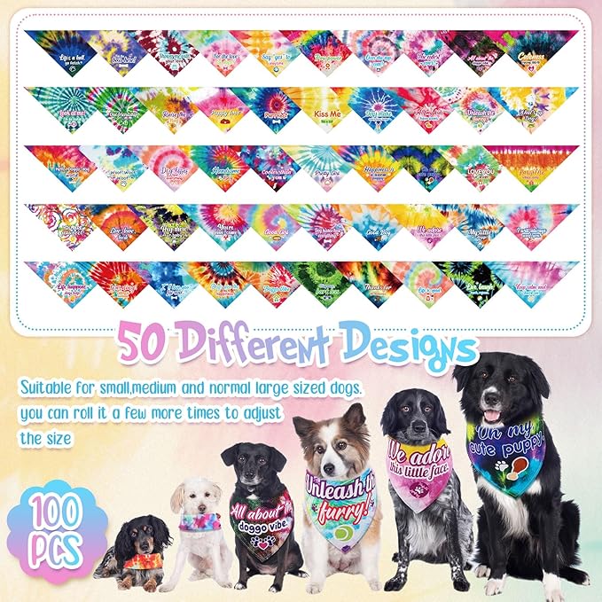 Sweetude 100 Pcs Tie Dye Dog Bandanas Bulk with Sayings Pet Triangle Scarf Bibs Washable Puppy Kerchief Adjustable Grooming Supplies for Small Medium Large Dog Cat Costume Accessories