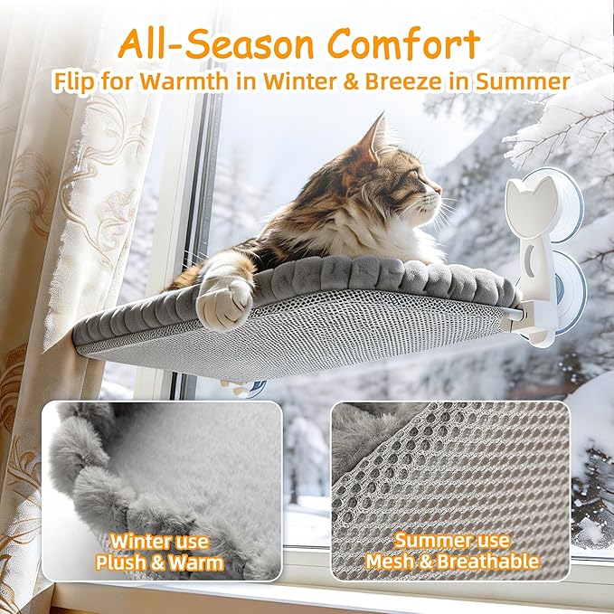 Cat Window Perch - Gray Cordless Foldable Cat Window Hammock for Large Cats, Sturdy Metal Frame Hanging Cat Bed, 40 lbs Capacity