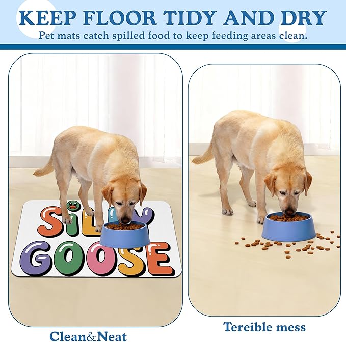 Silly Goose Pet Food Mat for Cats and Dogs–Absorbent Quick Dry Feeding Placemat, Non Slip Rubber Base, Waterproof Bowl Mat for Indoor Use, Pet Supplies 16"x24"
