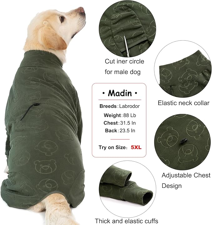 Dog Coats Autumn Winter Jumpsuit for Large Medium Dogs, Warmer Polar Fleece Dog Bodysuit Lightweight Pajamas, Pullover Stretchy Cold Weather Clothes (Dark Green, 7XL)