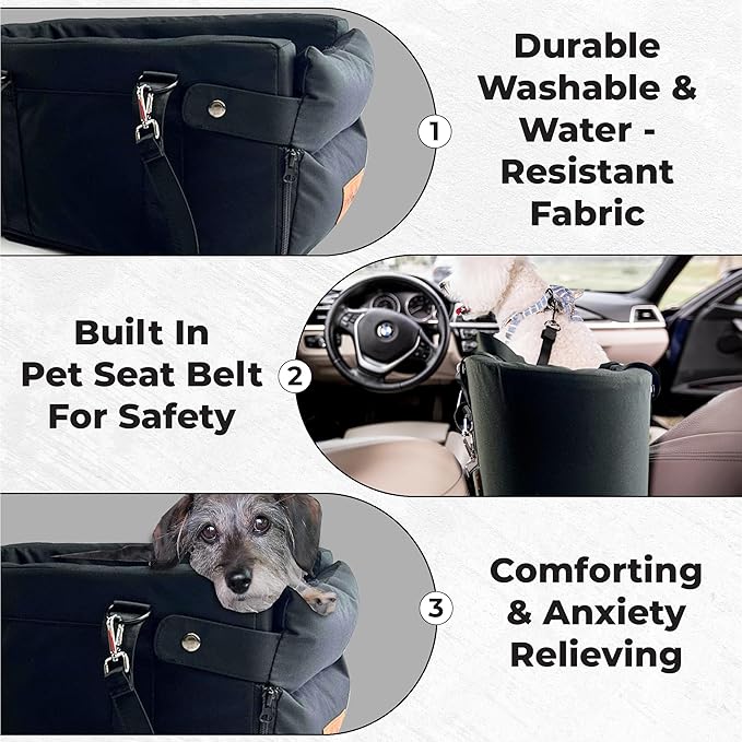 Center Console Dog Car Seat for Small Dogs and Puppies 5-13Lbs, Ideal Armrest Booster Car Travel Seat with Safety Protection Seat Belts, Storage Pockets - Reduces Anxiety (Black:)