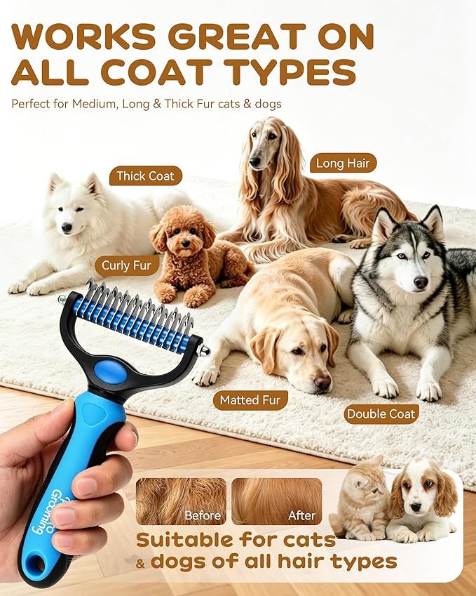 Pet Pro Grooming Tool, Dematting Comb for Dogs and Cats, Deshedding Dog Brush, Undercoat Rake for Dogs, Removes Tangles Knots and Loose Fur, Grooming Tool for Thick Coats (Orange)