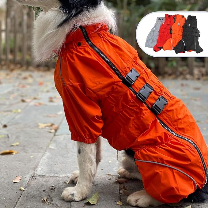 Lovelonglong Waterproof Dog Raincoat – 4-Leg Full Body Dog Rain Suit with Reflective Strips & Leash Opening, Outdoor Dog Jacket for Rainy Weather