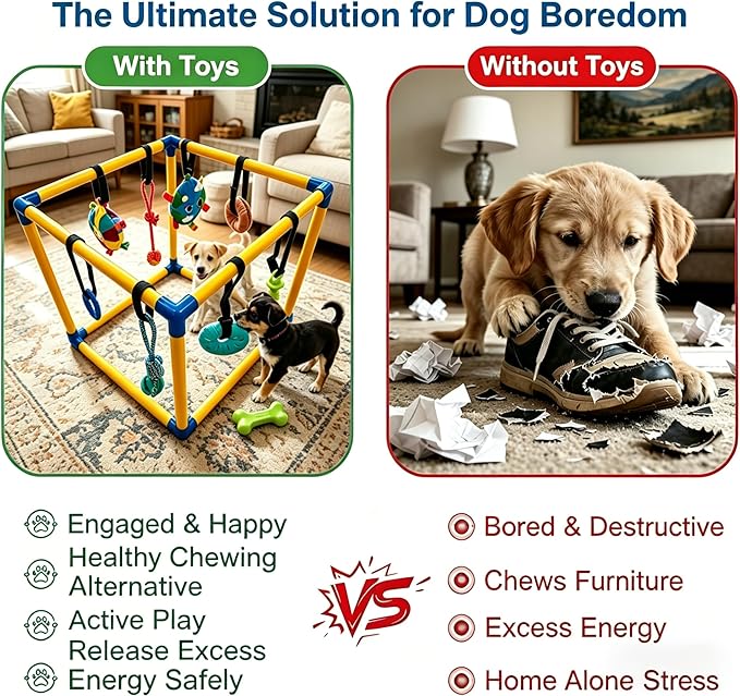 Puppy Play Gym for Small Dogs - 8 Interactive Teething Dog Toys, Durable PVC Frame, Indoor Chew & Activity Center, Relieves Boredom & Anxiety, Safe & Easy to Assemble for Puppies