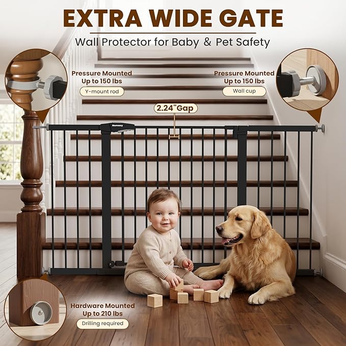 Mumeasy 36-63" Extra Wide Baby Gate for Stairs, 28.74" Walk Through Large Dog Gate for Doorways & Hallways, Auto Close Pet Gate Indoor, Pressure Mounted Child Wide Long Safety Gate for House, Black