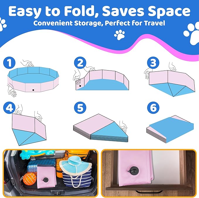 CACSPS 2025 Updated Foldable Dog Pool, 63" x 12" Kiddie Pool with Hard Plastic, Non-Slip Dog Bath Tub for Outdoor Backyard, Collapsible Dog Swimming Pool for Kids Dogs Pets (Pink)