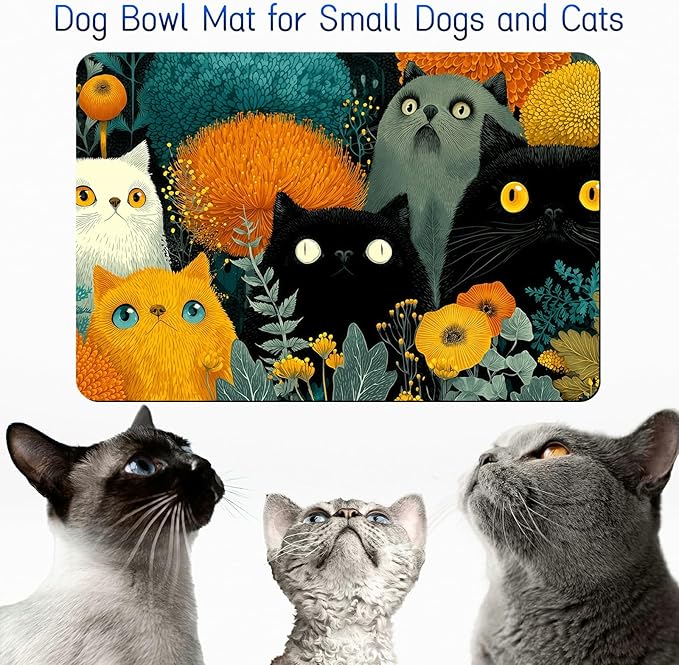 Dog Food Mat, 15.7" x 23.6" Absorbent Pet Feeding Mat for Food and Water, Waterproof Diatom Mud Pet Placemat with Non-Slip Rubber Backing, Easy Clean Cat Bowl Mat for Floors - Black Yellow Cat
