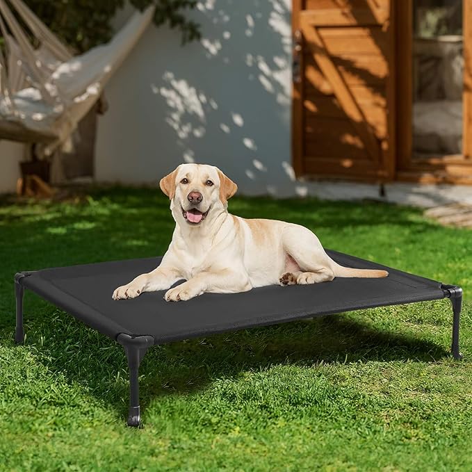 Veehoo Outdoor Elevated Dog Bed Large Sized Dogs, Large Cooling Raised Dog Cots Beds Training Platform Off Ground Hammock with Breathable Mesh, No-Slip Feet, 42"x30", Black