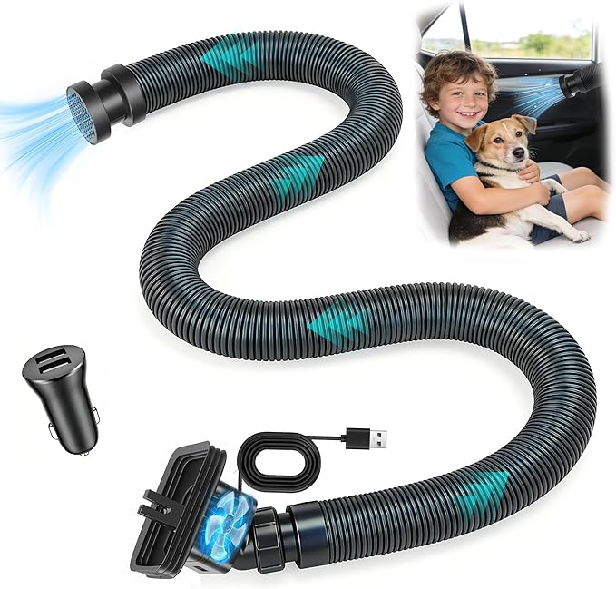Car AC Vent Extender with Build-in Fan, Extendable Back Seat Air Conditioning, Directs Cool or Warm Air to kids, Elderly & Pets, Portable AC Hose, Universal for Vehicles