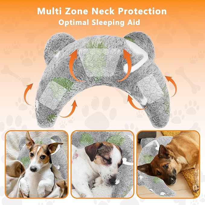 Pet Calming Pillow for Dogs, Soft U-Shaped Pillow Glow in the Dark, Joint Relief, Sleep Comfortably,Suit for Small, Medium, Large Dogs, Fluffy Pet Neck Pillow (S-Yellow Gray)
