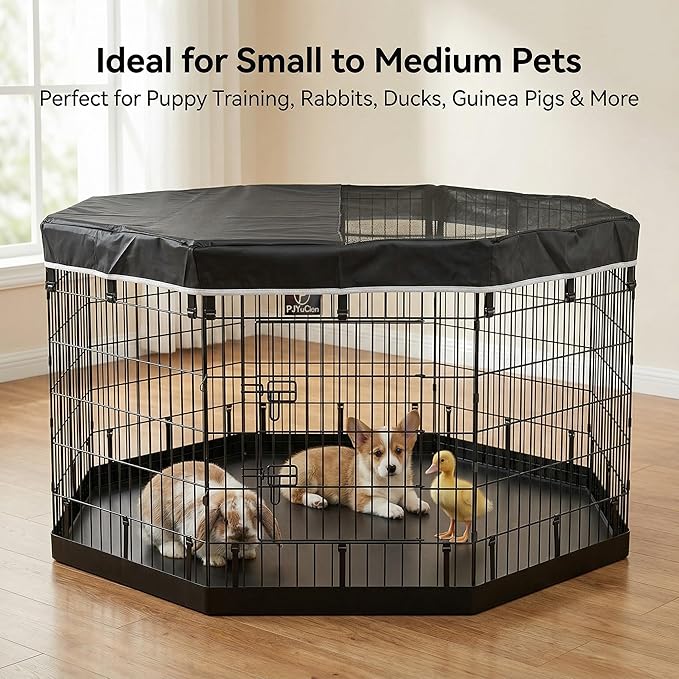 PJYuCien Octagonal Dog Playpen with Top Cover and Bottom Pad - Metal Foldable Exercise Pen, 8 Panels 36" H x 24" W Indoor Outdoor Pet Fence Puppy Crate Kennel, Black
