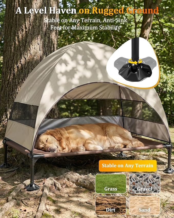 Elevated Outdoor Dog Bed with Canopy, Raised Dog Cot with Stable Adjustable Feet, Dog Camping Bed with Larger Shade, Lifted Dog Tent Bed with Canopy for Outside (Beige, Large)