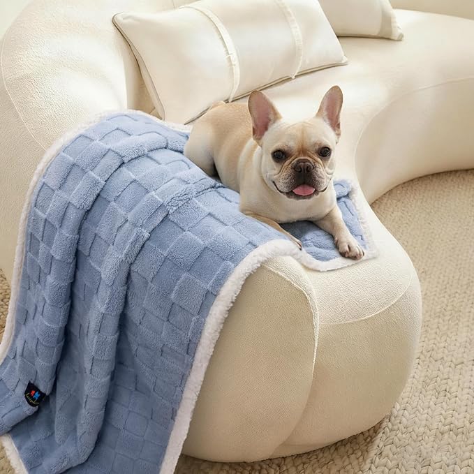 Luciphia Waterproof Dog Blanket, Leakproof Small Pet Blanket for Couch Sofa Bed Furniture Cover Protector, Washable Soft Sherpa Fleece with 3D Jacquard, Cozy Calming Reversible, Blue White, 40"x28"