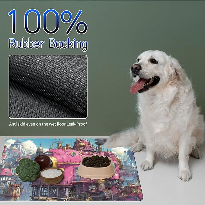 Dog Food Mat, 15.7" x 23.6" Absorbent Pet Feeding Mat for Food and Water, Waterproof Diatom Mud Pet Placemat with Non-Slip Rubber Backing, Cat Bowl Mat for Floors - Pink Train Chimney