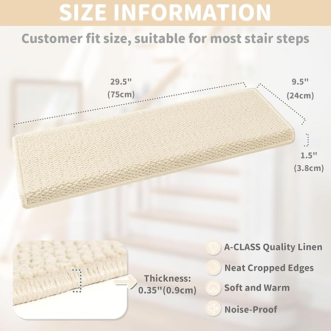 Brakki Bullnose Carpet Stair Treads, Stair Treads for Wooden Steps Indoor Runner and Pets, Non Slip Soft Edging Staircase Protectors, Washable, 29.5"x9.5"x1.5" 2pcs, Cream White