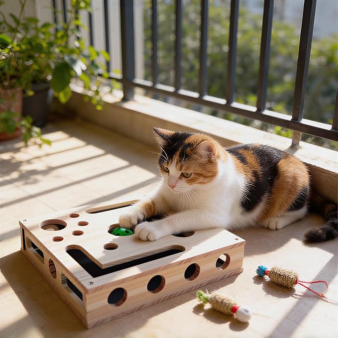 Cat Nail File Toy, Cat Scratch Puzzle Enrichment Box, Sandpaper Cat Scratcher Wooden Box, 2 catnips 3 Balls for Scratching, Boredom,Furniture Protection, 11.8" x 9.8"