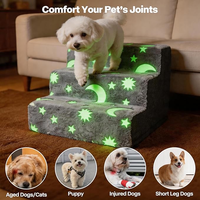 Pawise 3 Step Dog Stairs, Glow in The Dark Pet Steps, Non-Slip Dog Ramp with Zipper, Star Moon Pattern Plush Pet Stairs for Couch Sofa Bed, Indoor Portable Steps for Medium Large Dogs and Puppy