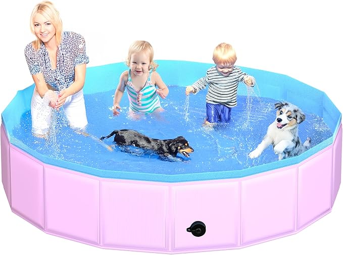CACSPS 2025 Updated Foldable Dog Pool, 87" x 12" Kiddie Pool with Hard Plastic, Non-Slip Dog Bath Tub for Outdoor Backyard, Collapsible Dog Swimming Pool for Kids Dogs Pets (Pink)
