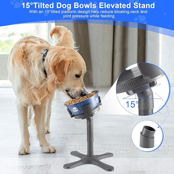 Dog Bowls,Elevated Adjustable Dog Bowl Stand with 3 Heights & Tilted Feeding Design, Raised Stand Compatible with Medium & Large Breeds(2 Pack) Grey