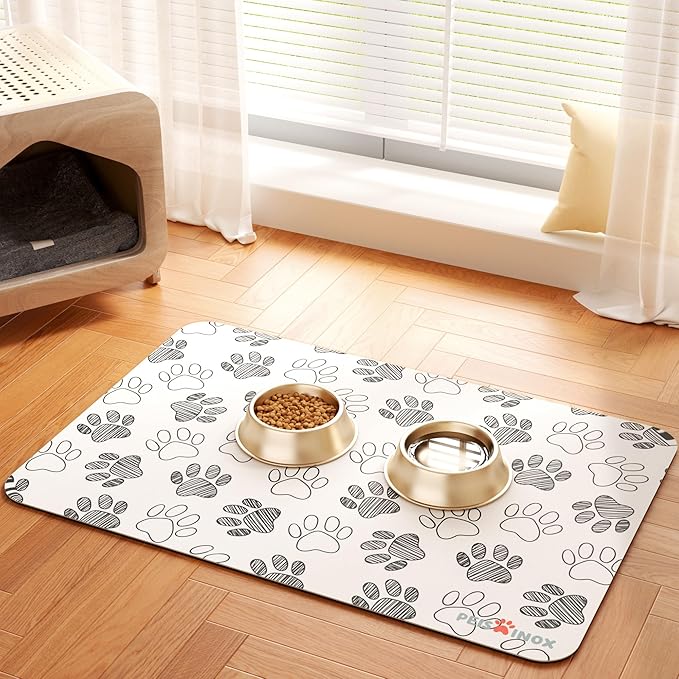 PEISAINOX Cat Dog Food Mat, Rapid Water Absorption Dog Mat for Food and Water,100% Waterproof Cat Dog Bowl Mat,16"x24"-White
