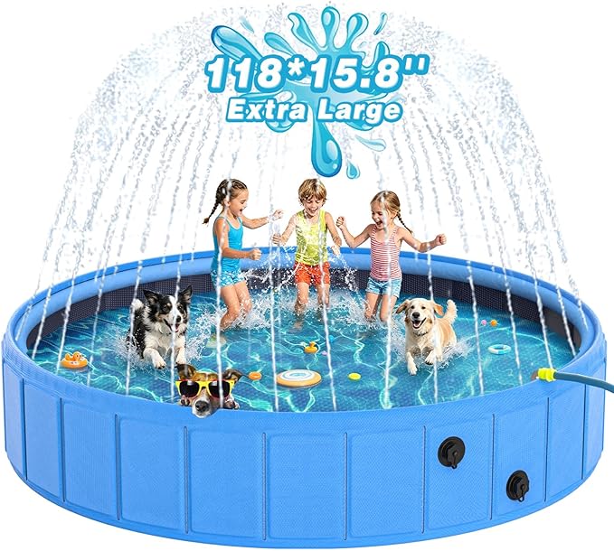 EPN Large Foldable Dog Pool – 0.55MM PVC 2-in-1 Portable Bathtub & Sprinkler for Dogs, Cats, Kids – Heavy Duty, Non-Slip, Summer Water Toy (118 in)