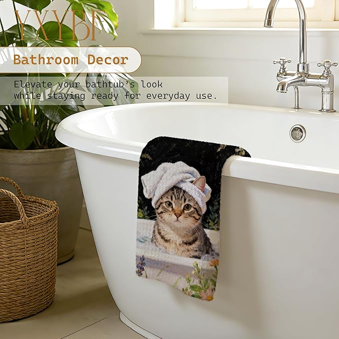 Funny Tabby Cat Hand Towels for Bathroom Washroom Spa Decor 16x24 Inches, Cat Lover Mom Lady Gifts, Floral Kitty Bathroom Hand Tea Towels Decorative