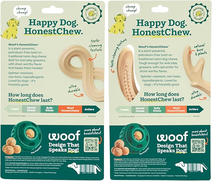 WOOF HonestChew Dog Toy Duo - Durable Dog Chews - Made with Plant-Based Ingredients - Splinter-Resistant - Safer Than Dog Bones - with HonestChew Antler and Infinity - Gift for Dogs - Large