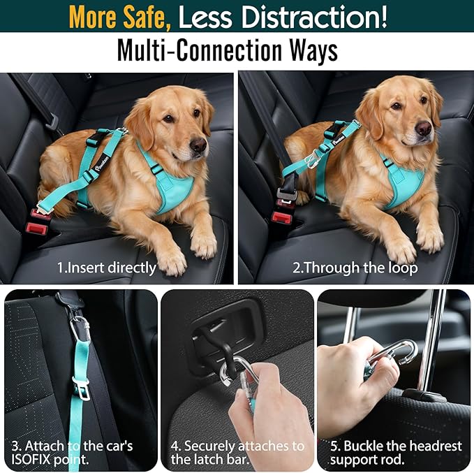 Pawaboo Breathable Dog Seat Belt Harness for Car, Adjustable Dog Safety Vest Harness with Vehicle Connector Strap, M, Full Blue