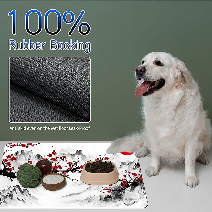 Dog Food Mat, 19.6" x 23.6" Absorbent Pet Feeding Mat for Food and Water, Waterproof Diatom Mud Pet Placemat with Non-Slip Rubber Backing, Cat Bowl Mat for Floors - Peach Blossom Tree Sunset