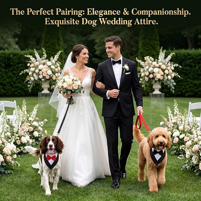 Gilprop 4 Pcs Formal Dog Outfit Dog Tuxedo Sets with Bowtie Wedding Dogs Bandana Collar with Nylon Leash Wedding Outfit Suit Adjustable Pet Party Costumes for Birthday(Black,Red,Large:21"-24.5")