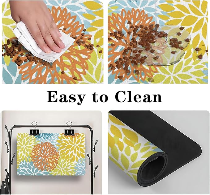 Dog Food Mats for Floors, Absorbent and Quick-Drying Pet Cat Food Mat,Anti-Fouling and Easy-to-Clean Pet Feeding Mat,Dog Bowl Mat for Messy Drinking Water Bowls.16x24, Bohemia Dahlia Floral Style