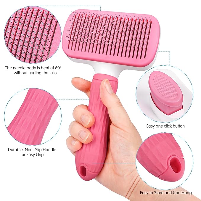 Dog & Cat Brush Kit 2PCS, Self Cleaning Slicker Brush for Pets, Dog Brush for Shedding Massaging and Grooming, Removes Loose Undercoat & Portable Comb for Long Short Haired Dogs