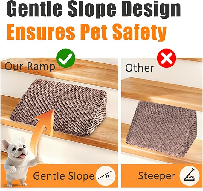 Dog Ramp for Stairs for Small & Senior Dogs and Cats – Non-Slip Stair Wedges for Dogs with Gentle Slope, Pet Ramp with Washable Cover & Self-Sticky Pads for Safe Climbing (Brown, 2 Pack)