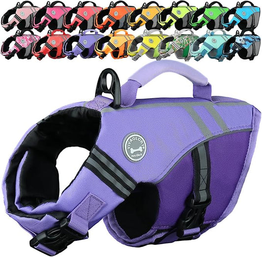 VIVAGLORY Sports Style Dog Life Vest, Dog Life Jacket for Swimming & Boating, Ripstop & Buoyancy for Puppy Doggy, Lifejacket with Handle, XS, Purple